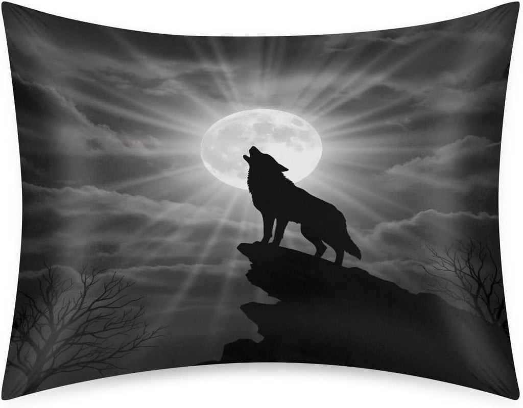 Satin Pillowcase for Hair and Skin, Standard Size Forest Howling Wolf Moon Decorative Pillow Sham with Envelope Closure Pillow Cover for…