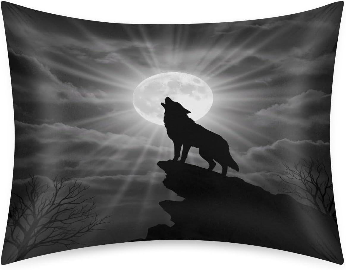 Satin Pillowcase for Hair and Skin, Standard Size Forest Howling Wolf Moon Decorative Pillow Sham with Envelope Closure Pillow Cover for…