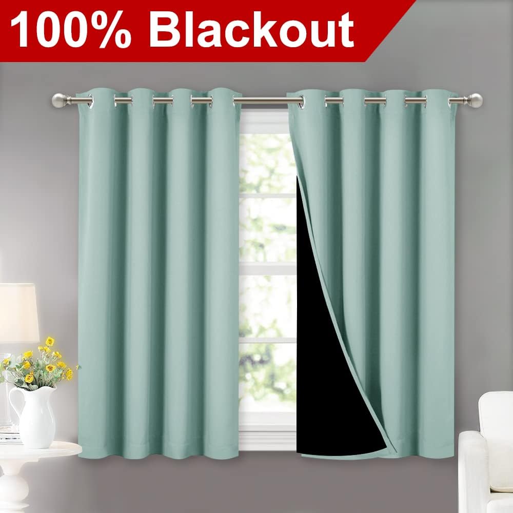 Nicetown Aqua Blue 100% Blackout Curtains 45 inches Long, 2 Thick Layers Completely Blackout Window Treatment Thermal Insulated Lined Drape…