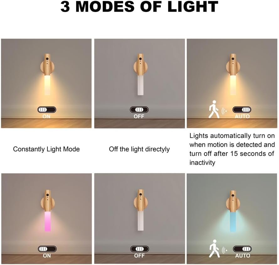 LANDGOO RGB Motion Sensor Night Light, Color Changing Atmosphere Lamp, Battery Powered Rechargeable LED Wood Wall Sconce for Home Party…