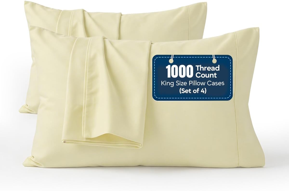 1000 TC Pillowcases Set of 4 100% Egyptian Cotton Pillow Cases with Long Staple Cotton & Sateen Weave, Silky Soft Hotel Like Bed Pillow…