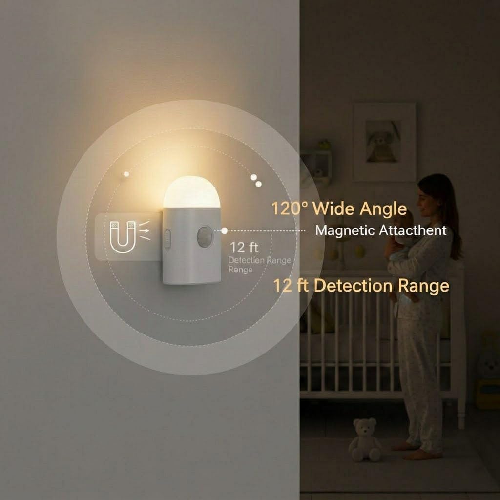 Rengmot Motion Sensor LED Night Lights Warm White with Adjustable Brightness Rechargeable Battery, with Hook and Stick-On for Cabinet, Ward…