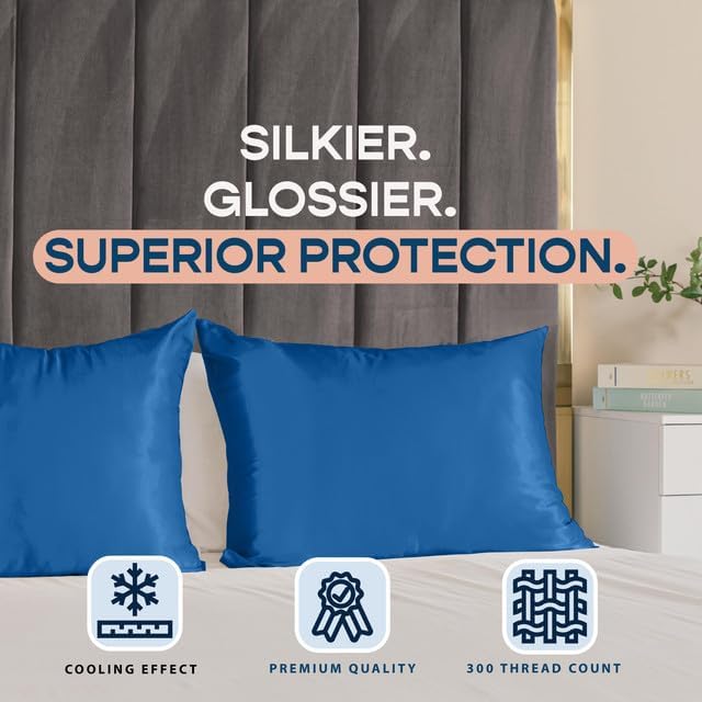 Blissford Royal Blue Satin Pillowcase with Zipper, for Hair and fabric comfort, Feels Soft and Cool Like a Silk Pillowcase, Satin Pillow…