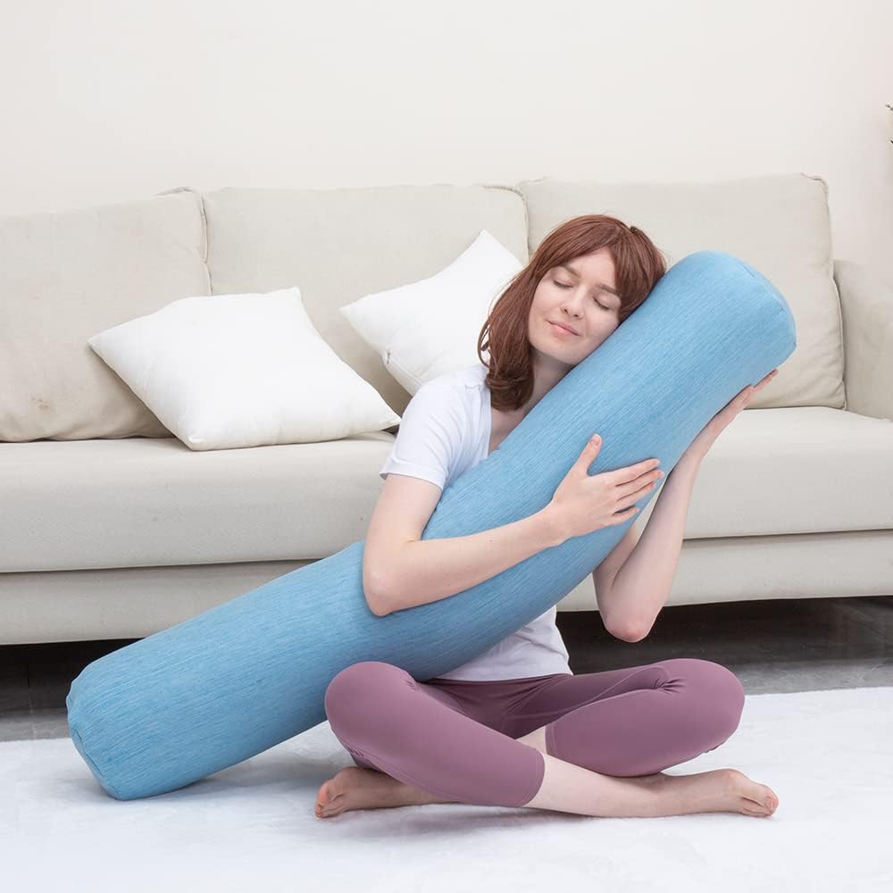 1 MIDDLE ONE Body Pillow, Bolster Pillow with Cooling Cover, Long Round Roll Cylinder Pillow for Bed, 35" x 7.87", Blue