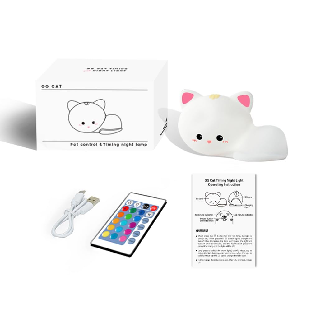 Myratts Led Cute Cat Night Light, 16 Colors Dimmable Nursery Kawaii Nightlight, Super Squishy Silicone USB Rechargeable Remote Control Nigh…