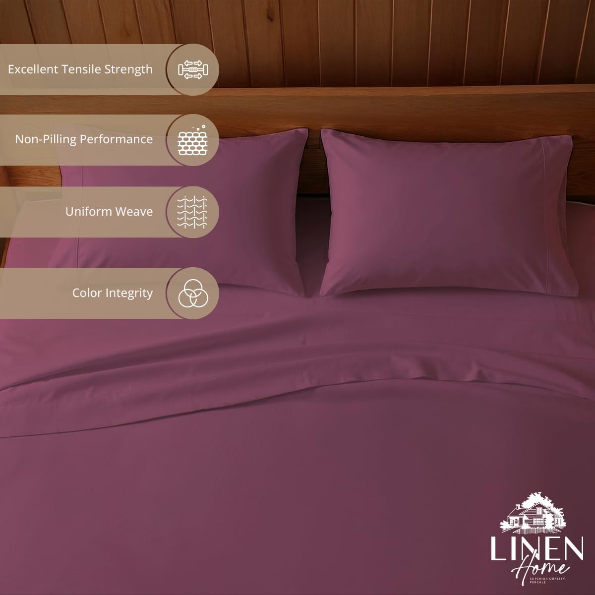 Linen Home 100% Cotton Percale Sheets Full Size, Damson Berry, Deep Pocket, 4 Pieces Set - 1 Flat, 1 Deep Pocket Fitted Sheet and 2…