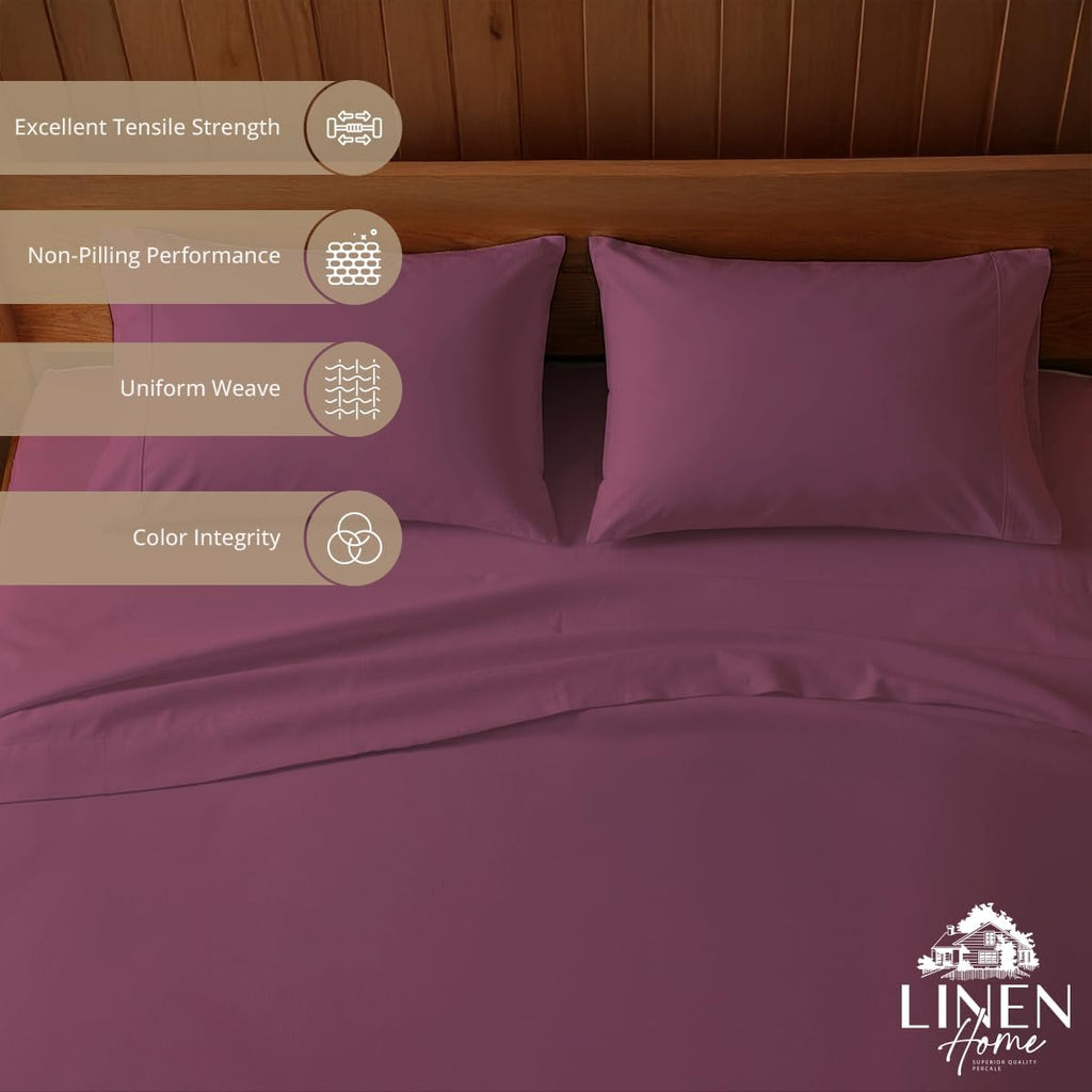 Linen Home 100% Cotton Percale Sheets Twin Size, Damson Berry, Deep Pocket, 3 Pieces Set - 1 Flat, 1 Deep Pocket Fitted Sheet and 1…