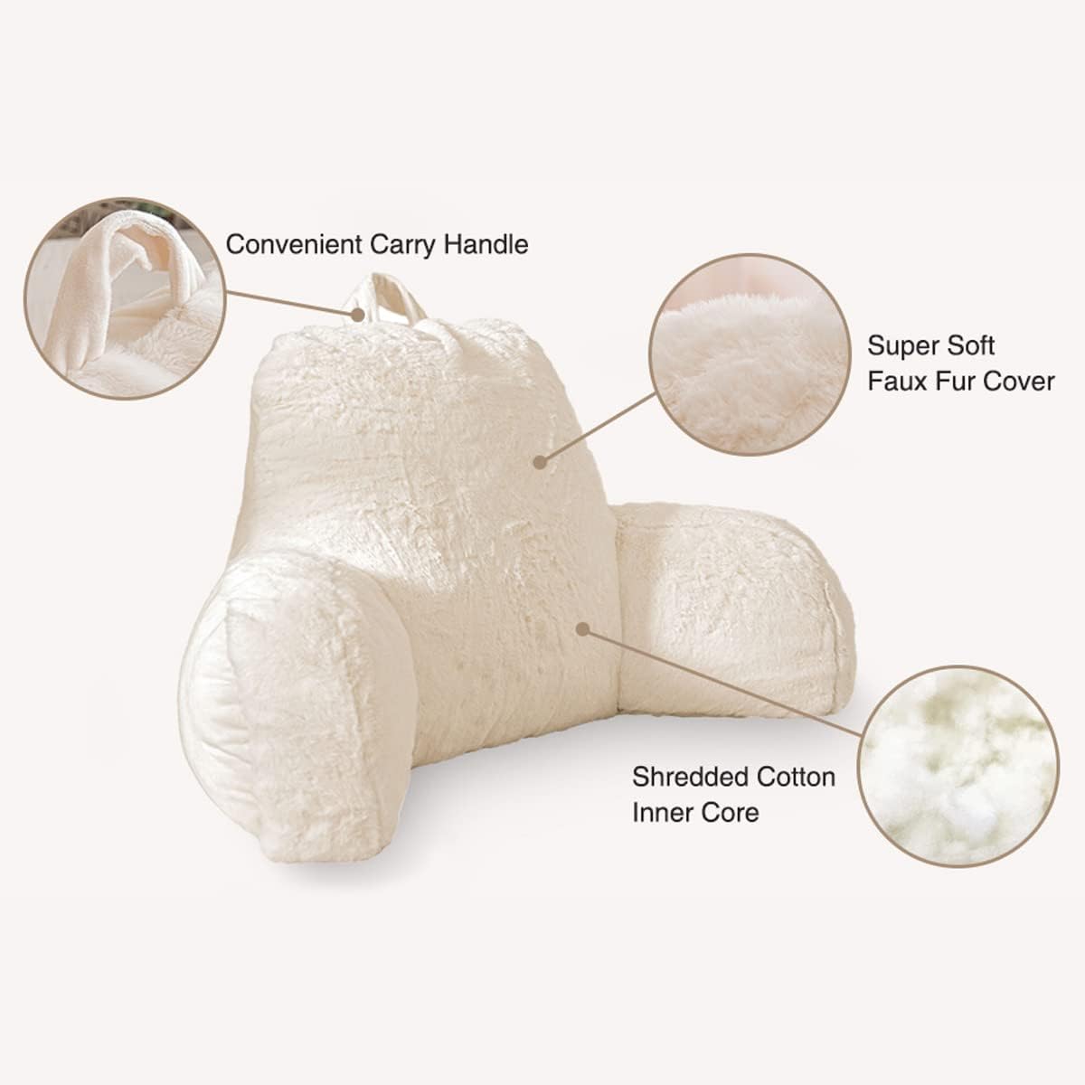 Ntbed Faux Fur Reading Pillow Large Adult Teens Back Rest Pillow with Arms, Bedrest Pillow for Sitting Up in Bed (Ivory, Large) 6 inches Whi…