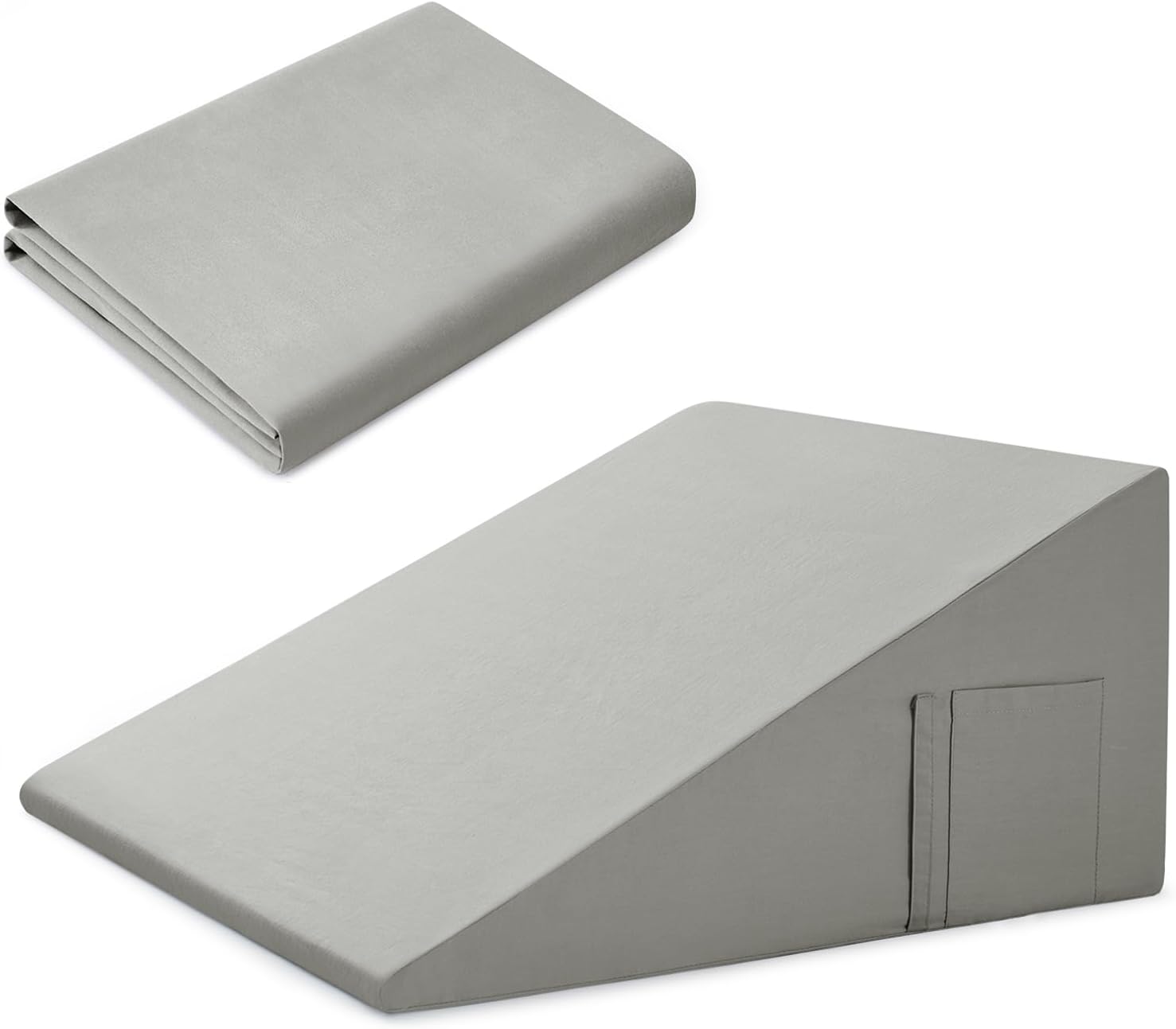 Cotton Wedge Pillow Cover for 24" x 24" x 12" Wedge Bed Pillow, Zippered Wedge Pillow Case Protector with Side Pocket, Light Grey (Pillow…