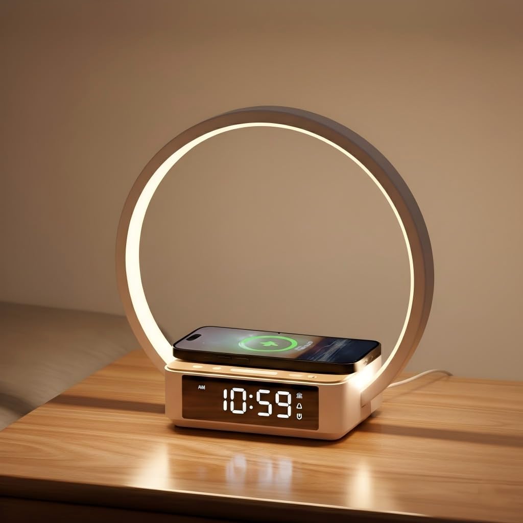 Wilit Bedside Lamp with Alarm Clock, Touch Lamp with Wireless Charger, Nightlight for Bedroom, Sunrise Wake-up Light,3-Grade Dimmable, Birthday…