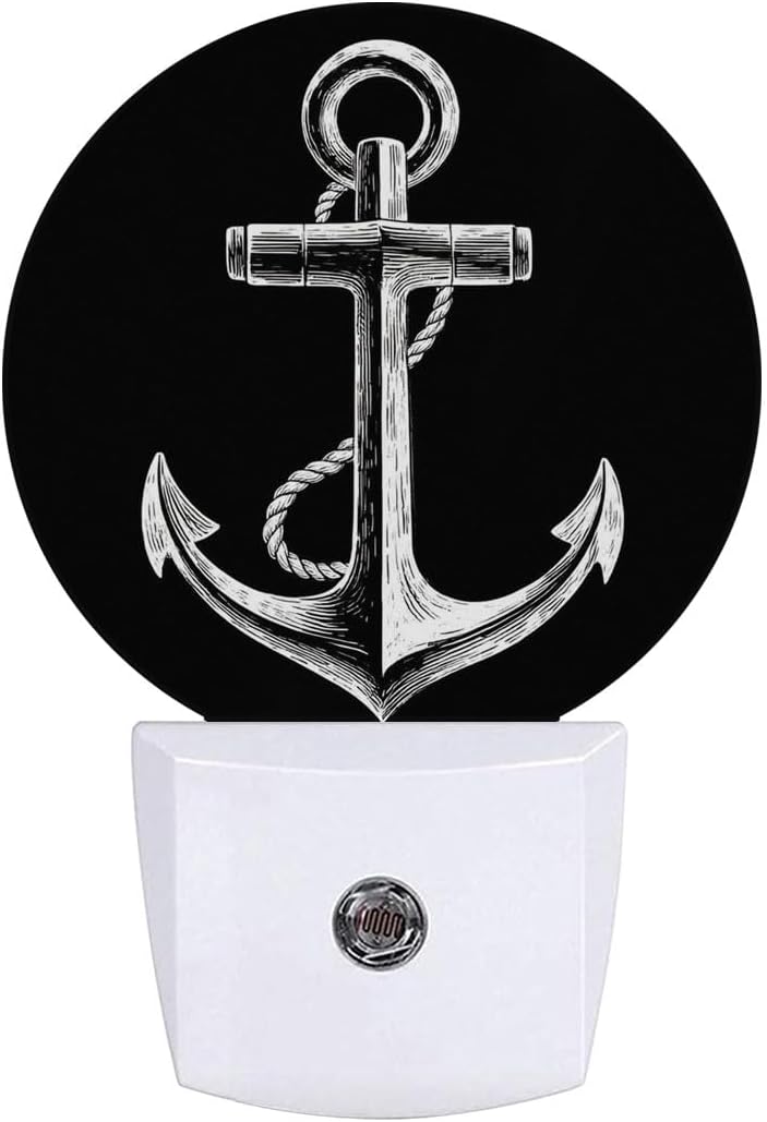 Nautical Anchor Black Night Light Plug Into Wall Auto Led Sleep Round Lamp for Living Room Hallway Stairs