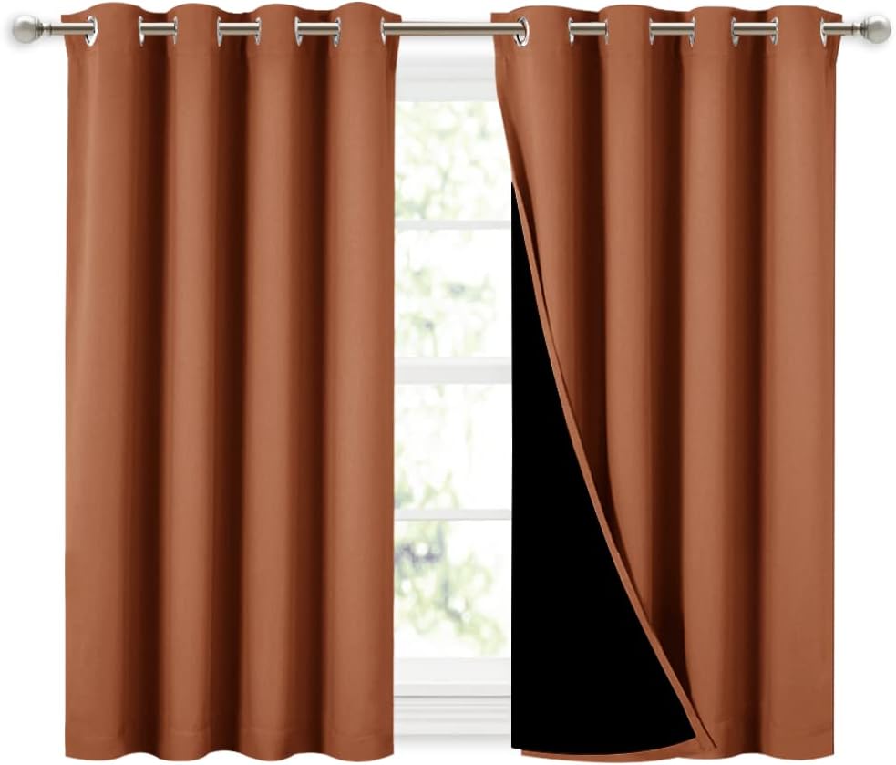 Nicetown Burnt Orange 100% Blackout Curtains 45 inches Long, 2 Thick Layers Completely Blackout Window Treatment Thermal Insulated Lined Dr…