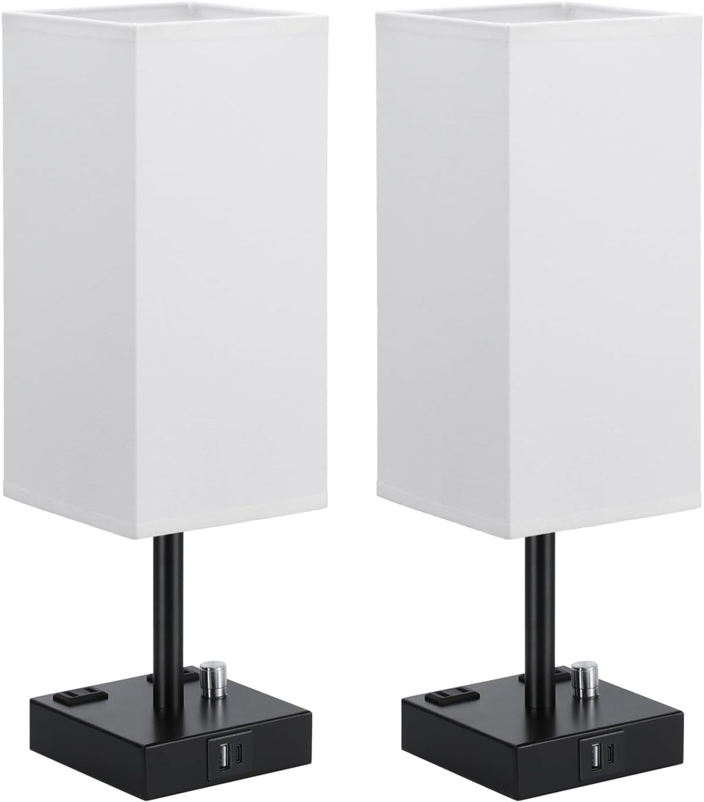 aooshine White Fully Dimmable Nightstand Lamps Set of 2 - Table Bedside Lamp with USB C+A Charging Ports & 2 AC Outlets, Square Lamp Sets…