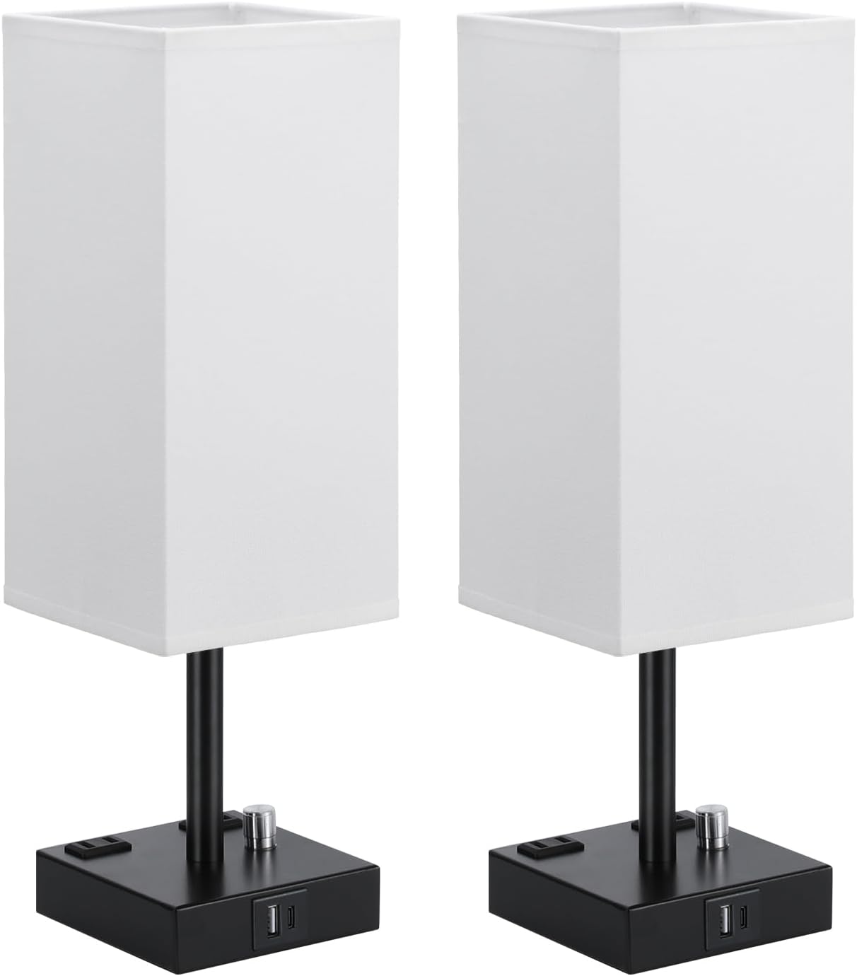 aooshine White Fully Dimmable Nightstand Lamps Set of 2 - Table Bedside Lamp with USB C+A Charging Ports & 2 AC Outlets, Square Lamp Sets…