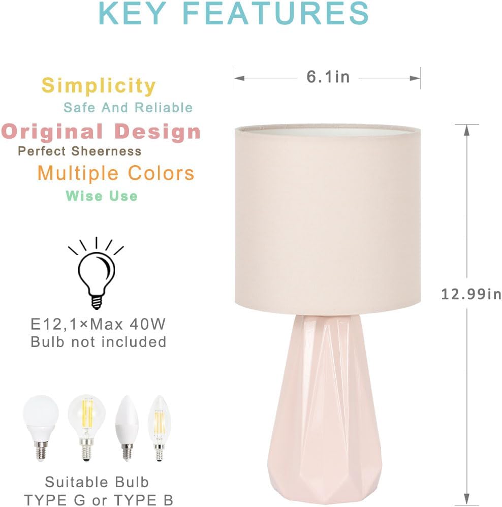 Elisa Light Pink Small Table Lamp for Living Room as Bedside Table Lamp for Bedroom, Modern Ceramic Kids Night Table…
