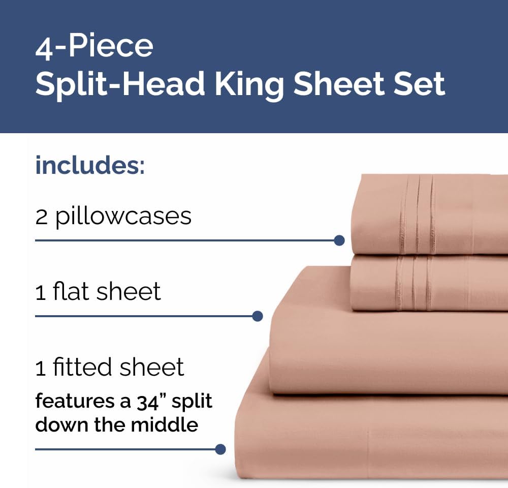 Flex Top Split Head King 4 Piece Sheet Set - Ultra-Soft, Breathable & Cooling Bed Sheets Set - Hotel Luxury Bedding for Women & Men with…