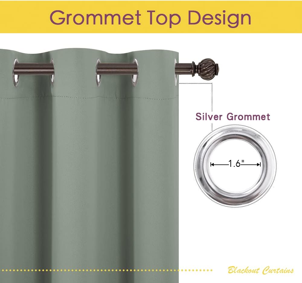 NICETOWN Window Curtain Panels, Greyish Green, 1 Pair, 34 by 80-inch, Thermal Insulated Solid Grommet Blackout Draperies/Drapes for Basement