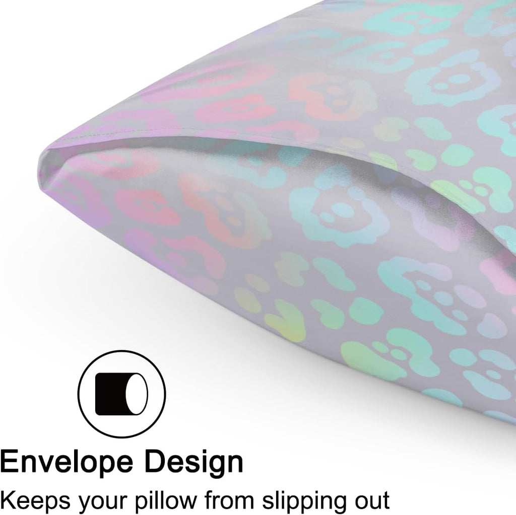Rainbow Skin Leopard Satin Silk Pillowcase for Hair and Skin Pillow Cases Queen Size Soft Silk Pillow Case with Envelope Closure Print…