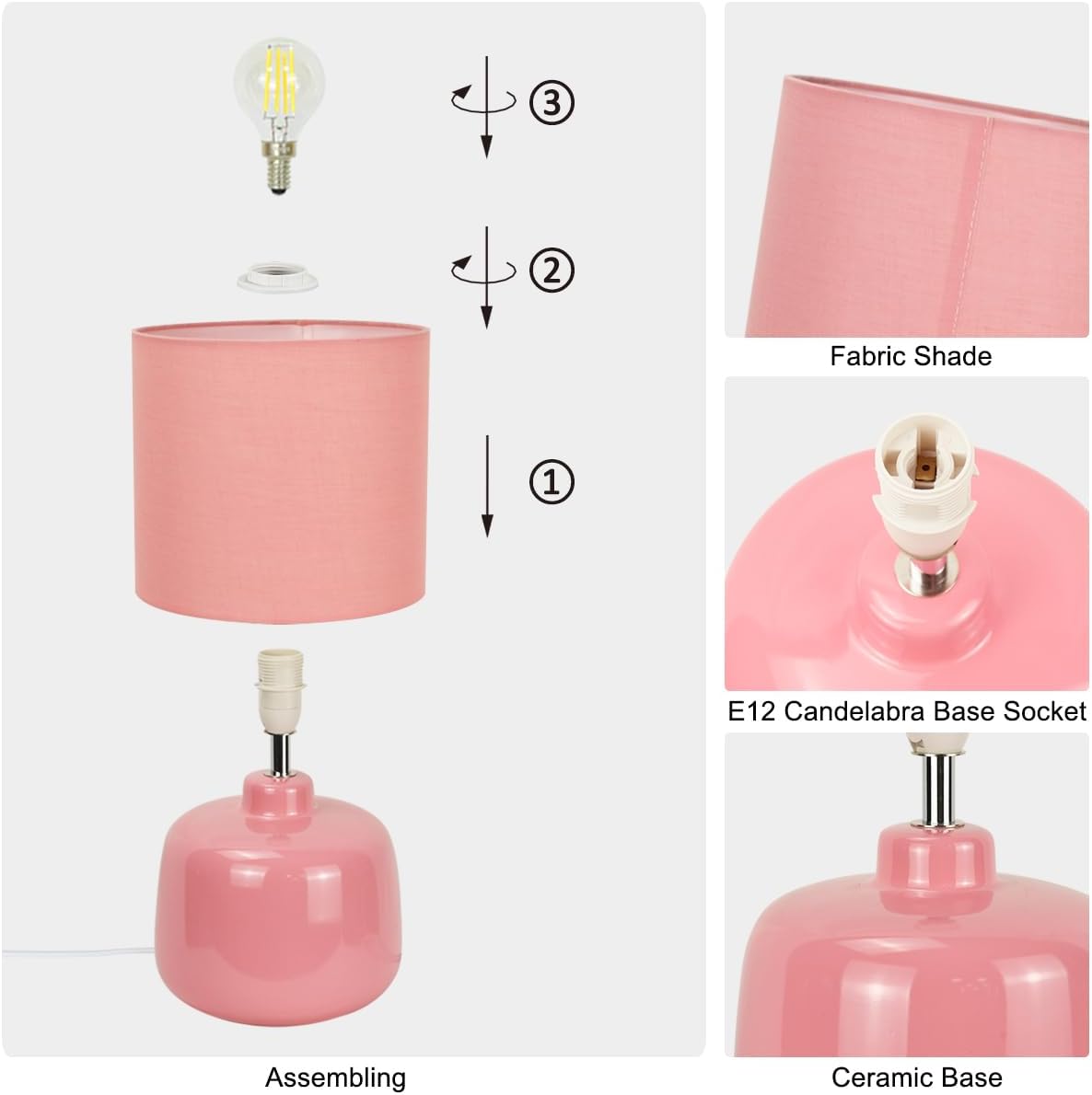 Oslo Small Ceramic Table Lamp for Living Room and Bedroom, Modern Kids Night Table Lamp, Φ7.09×H13.39IN, Bulb Excluded, Pink