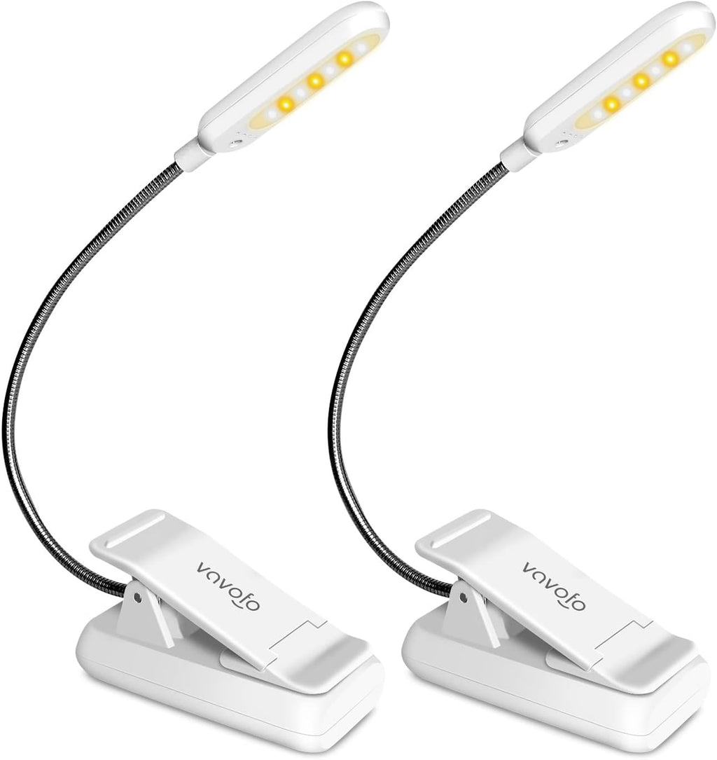 VAVOFO Book Light, Rechargeable Clip On Reading Light 7 LEDs with 9 Brightness Levels for Bed and Desk Studying (White 2-Pack)