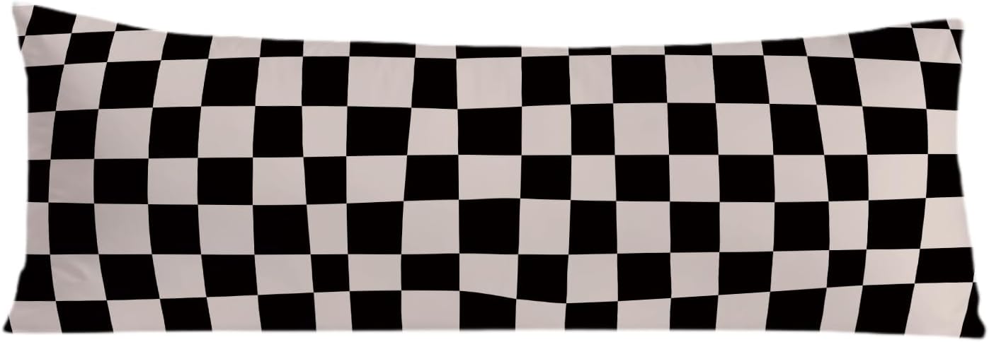 Abstract Boho Black and Beige Checkered 20x54 Body Pillow Cover, Checkered Home Decor, Modern Neutral Plaid Decorative Long Body Pillow…