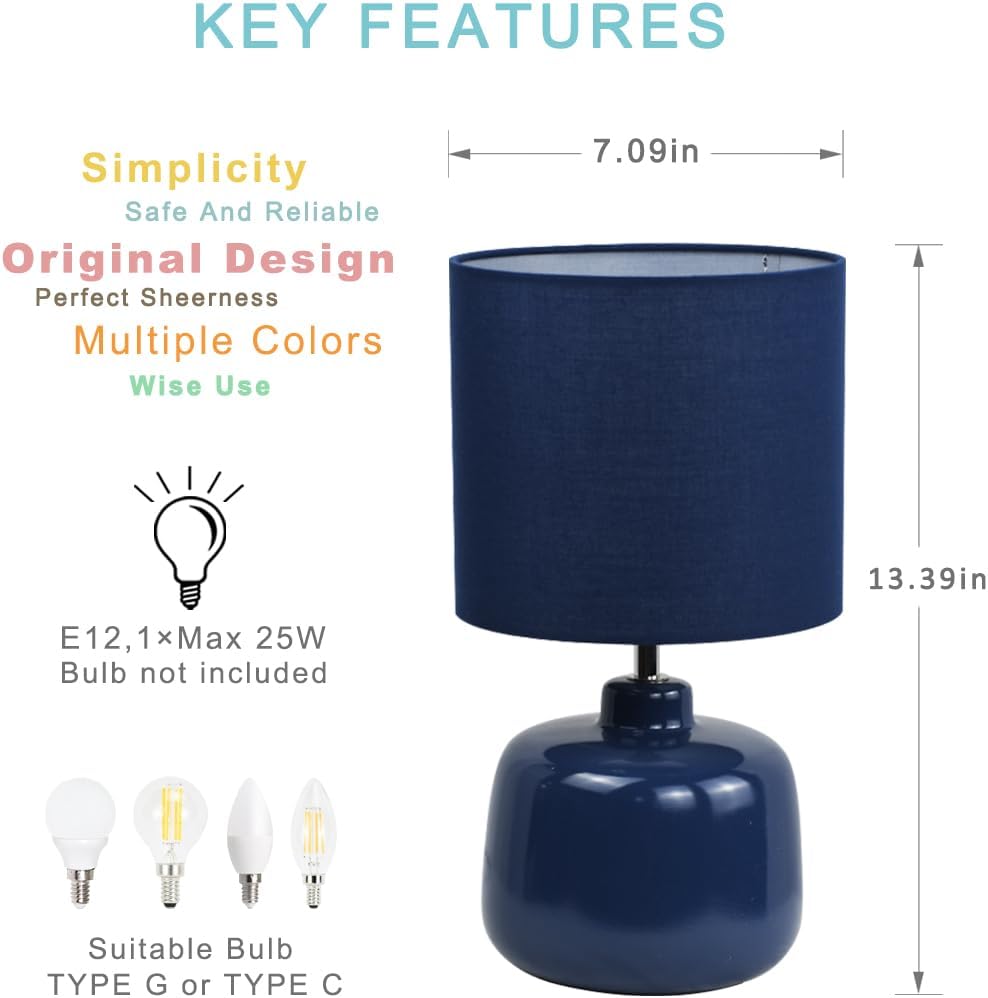Oslo Small Ceramic Table Lamp for Living Room and Bedroom, Modern Kids Night Table Lamp, Φ7.09×H13.39IN, Bulb Excluded, Light Pink, Navy Blue