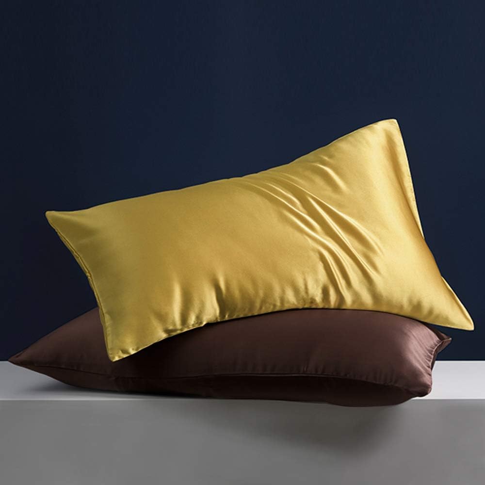 Ntbay Zippered Satin Pillow Cases for Hair and Skin, Luxury Queen Hidden Zipper Pillowcases Set of 2, 20x30 Inches, Yellow 30 Inches