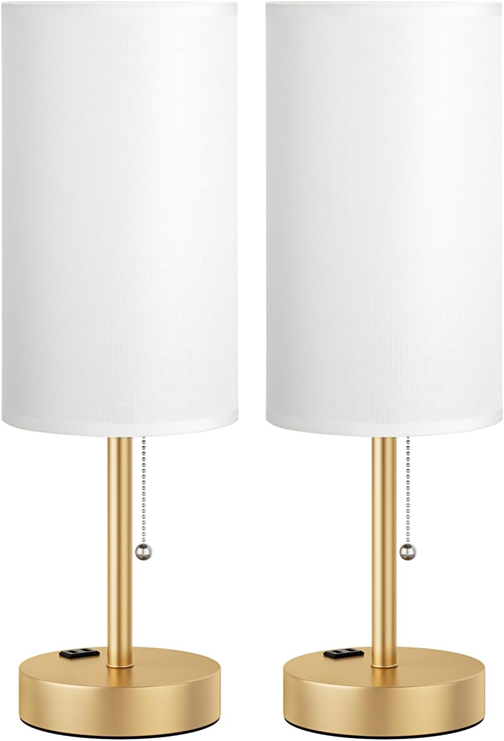 Fenmzee Plus Gold Bedside Lamps Set of 2-3 Color Temperatures Pull Chain Lamp with AC Outlet Charging Port, Round Night Stand Lamps for…