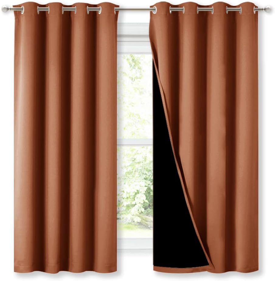 Nicetown Burnt Orange 100% Blackout Lined Curtains, 2 Thick Layers Completely Blackout Window Treatment Thermal Insulated Drapes for Kitche…