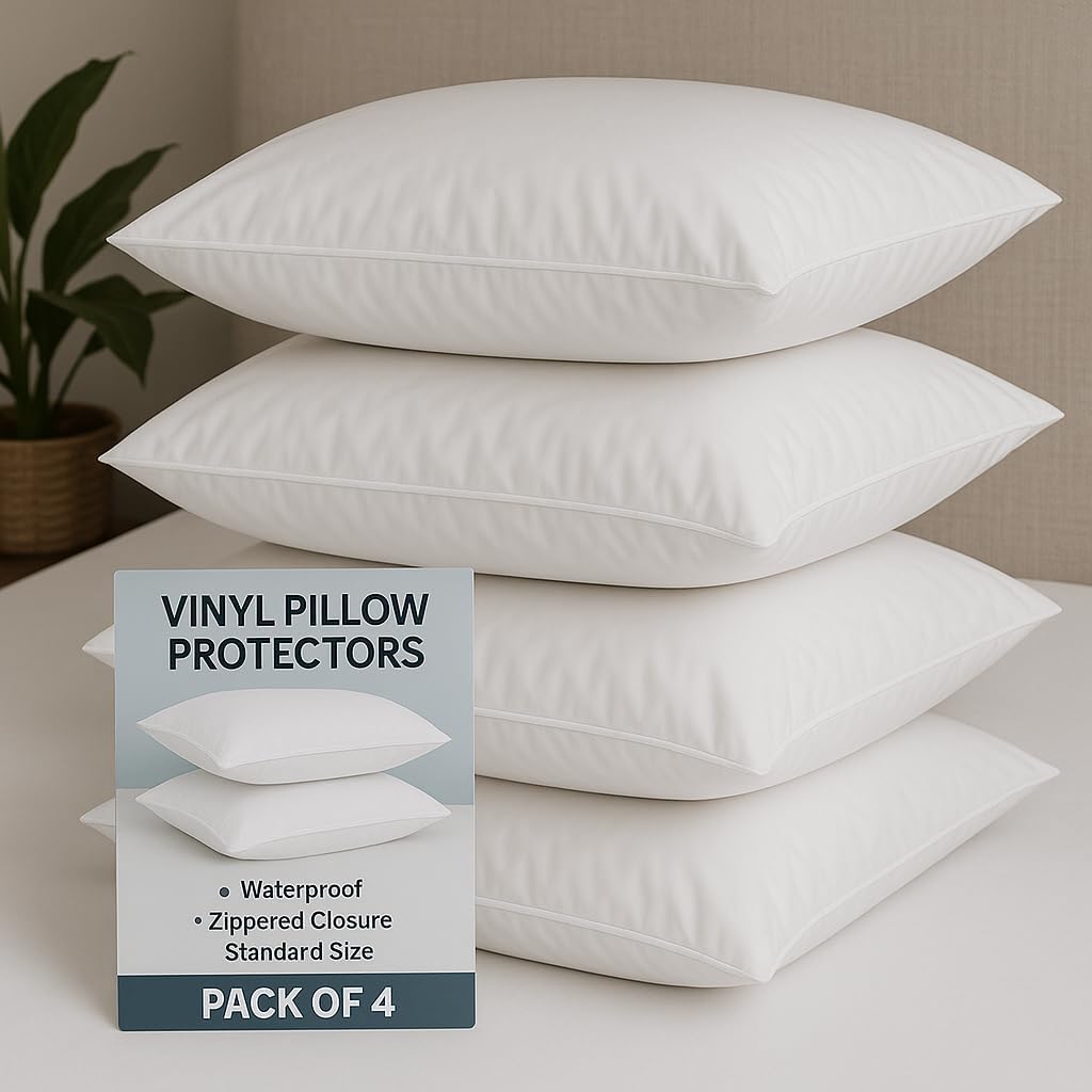 4 Pack Deluxe Zippered Vinyl Pillow Covers - Waterproof Protectors for Longer Lasting Pillows. Standard Size 20"x29". Ideal for Home…