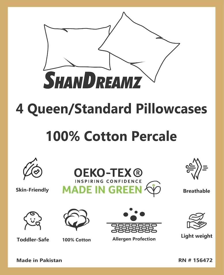 100% Cotton Percale Pillowcases, 4 Pack Pillow Cases, Soft & Breathable Pillow Covers, Light Weight Fabric, Smooth Airy Weave, for Her or…