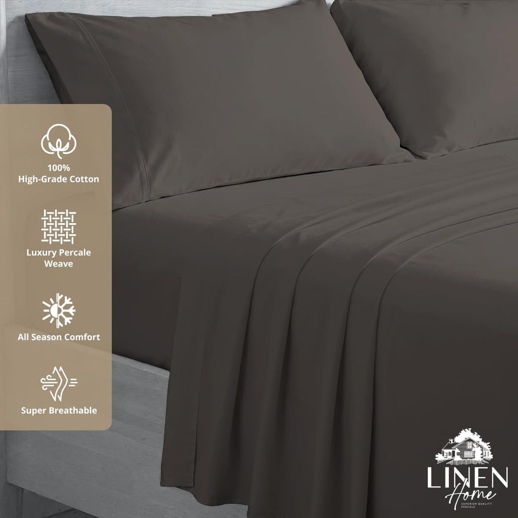 Linen Home 100% Cotton Percale Sheets Twin Size, Smoky Charcoal, Deep Pocket, 3 Pieces Set - 1 Flat, 1 Deep Pocket Fitted Sheet and 1…