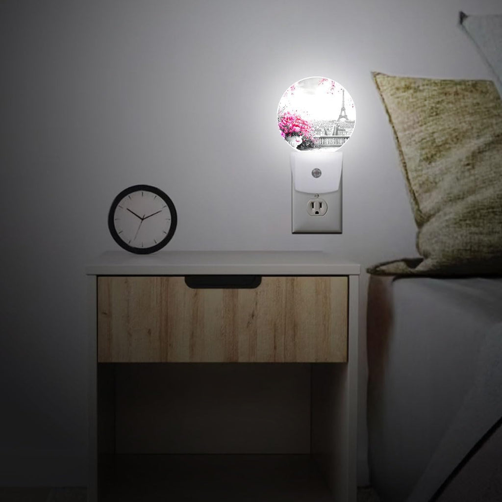 Paris Eiffel Tower Pink Flower Night Light Auto Sensor Led Dusk to Dawn Lamp Home Decor for Men Women