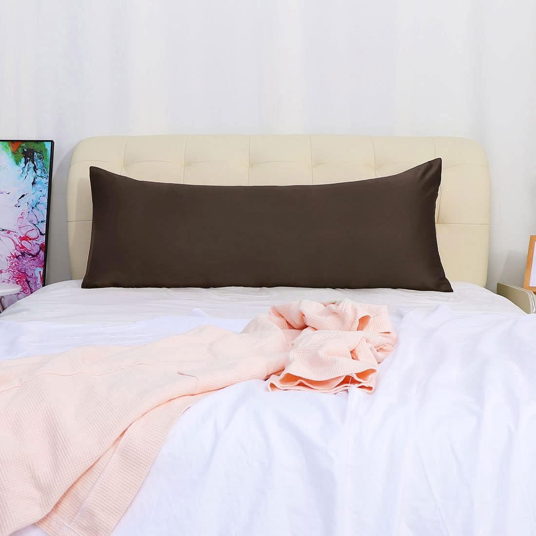uxcell Body Pillow Cover, 20x60 Inch Brown Silky Satin Body Pillowcases for Hair and Skin, Soft Cooling Smooth Pillow Case with Envelope…