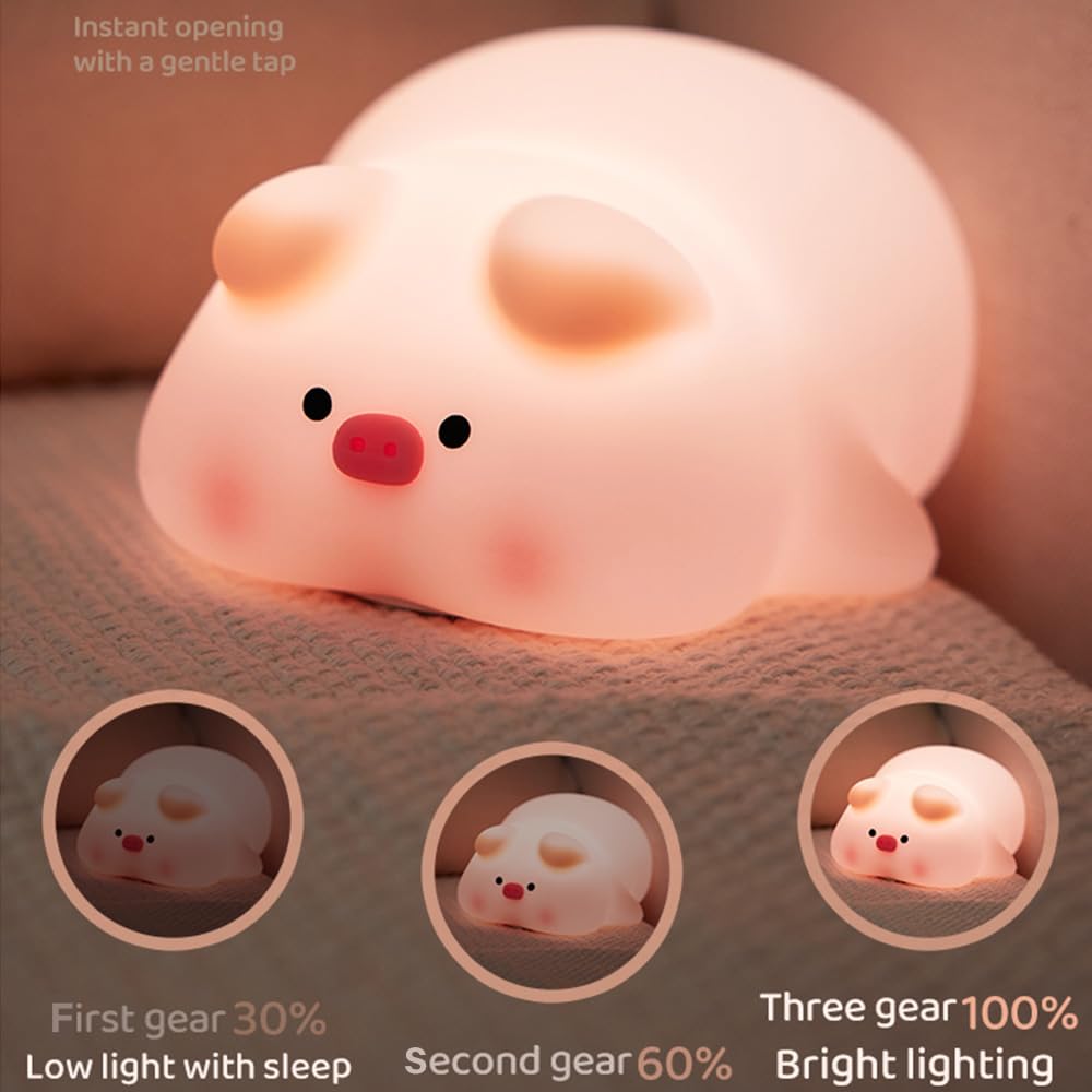 Cute Pig Night Light, 3 Level Dimmable Nursery Nightlight, Kawaii Lamps Squishy Silicone Rechargeable Touch Lamp, Best Gift for Kids…