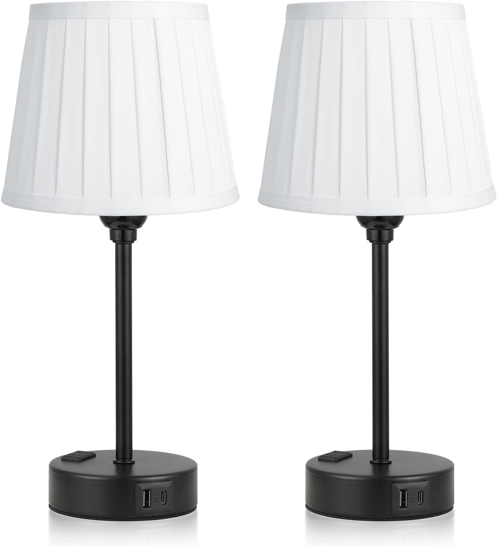 White Bedside Lamps for bedrooms Set of 2 - White Pleated Lamp Shade with USB Charging Ports, Touch Lamps for Nighstand, Night Stand Lamp…