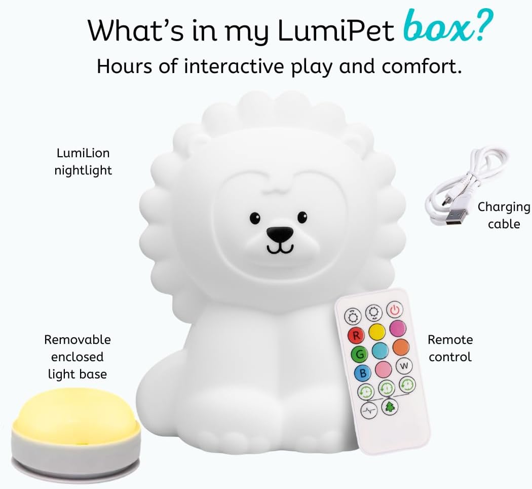 Lumipets Remote Control Silicone Night Light for Kids - Lion Design with 9 Soft Colors & Sleep Timer - Rechargeable, Battery-Operated…