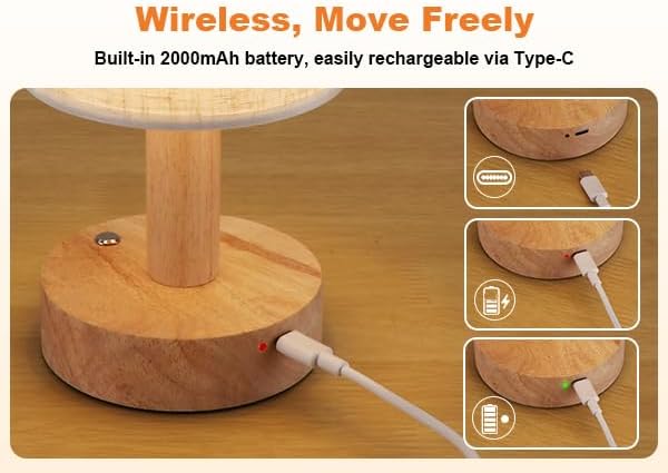 Rechargeable Cordless Table Lamp, Touch Control&Stepless Dimming, Wireless Bedside Ambient Night Light with Wood Base&Linen Shade, Portable…