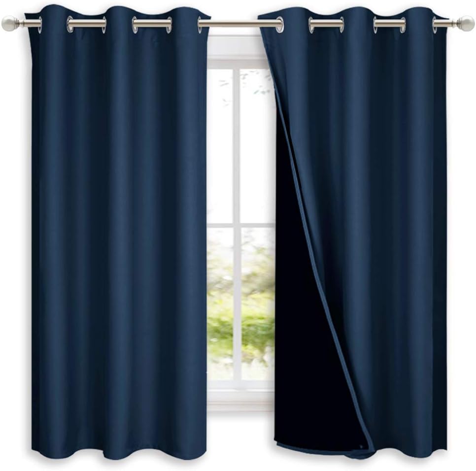 Nicetown 100% Blackout Short Curtain Panels, Thermal Insulated Black Liner Curtains for Nursery Room, Noise Reducing and Cold Blocking Drap…