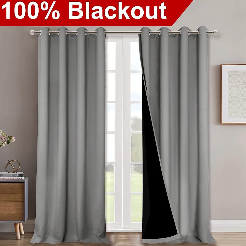 Nicetown 100% Blackout Blinds, Laundry Room Decor Window Treatment Curtains for Large Patio Sliding Door, Thermal Insulated Silver Grey Cur…