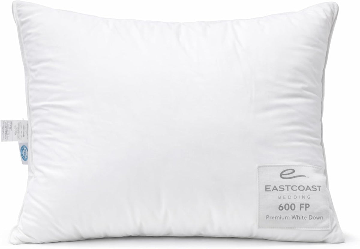 East Coast Bedding 100% White Down Pillow, No Feathers, 600 Fill Power, 400 Thread Count Cotton Shell, Firm Loft, Queen 20x30, 1 Pack