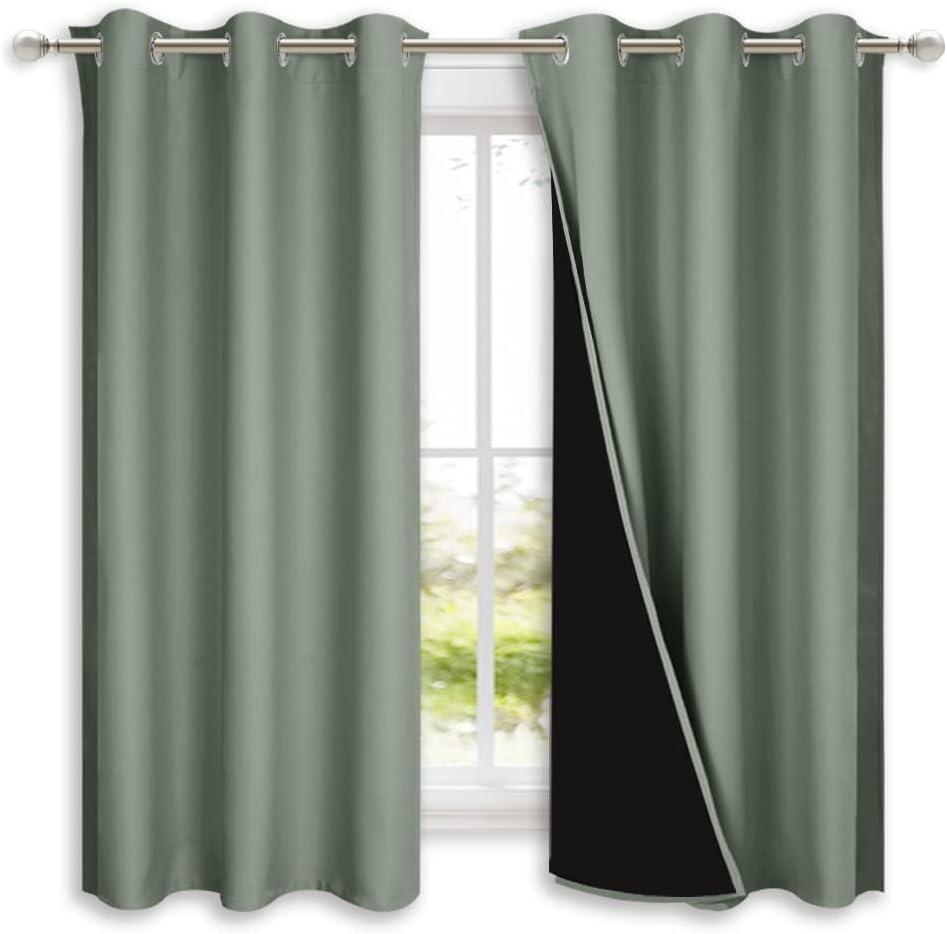 Nicetown Greyish Green 100% Blackout Lined Curtains, 2 Thick Layers Completely Blackout Window Treatment Panels Thermal Insulated Drapes fo…