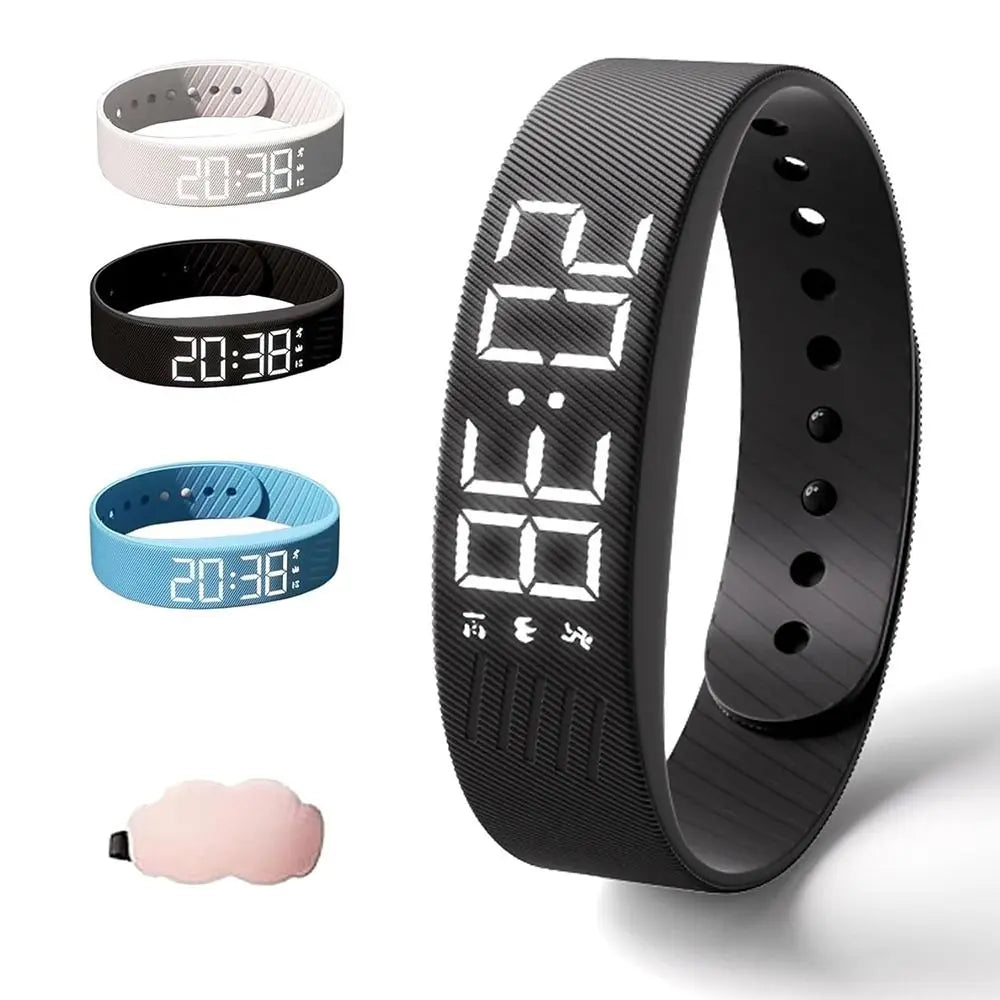 LED Digital Alarm Clock Watch Adjustable Snooze-Proof Alarm Bracelet with Running Pedometer Waterproof Vibrating Alarm
