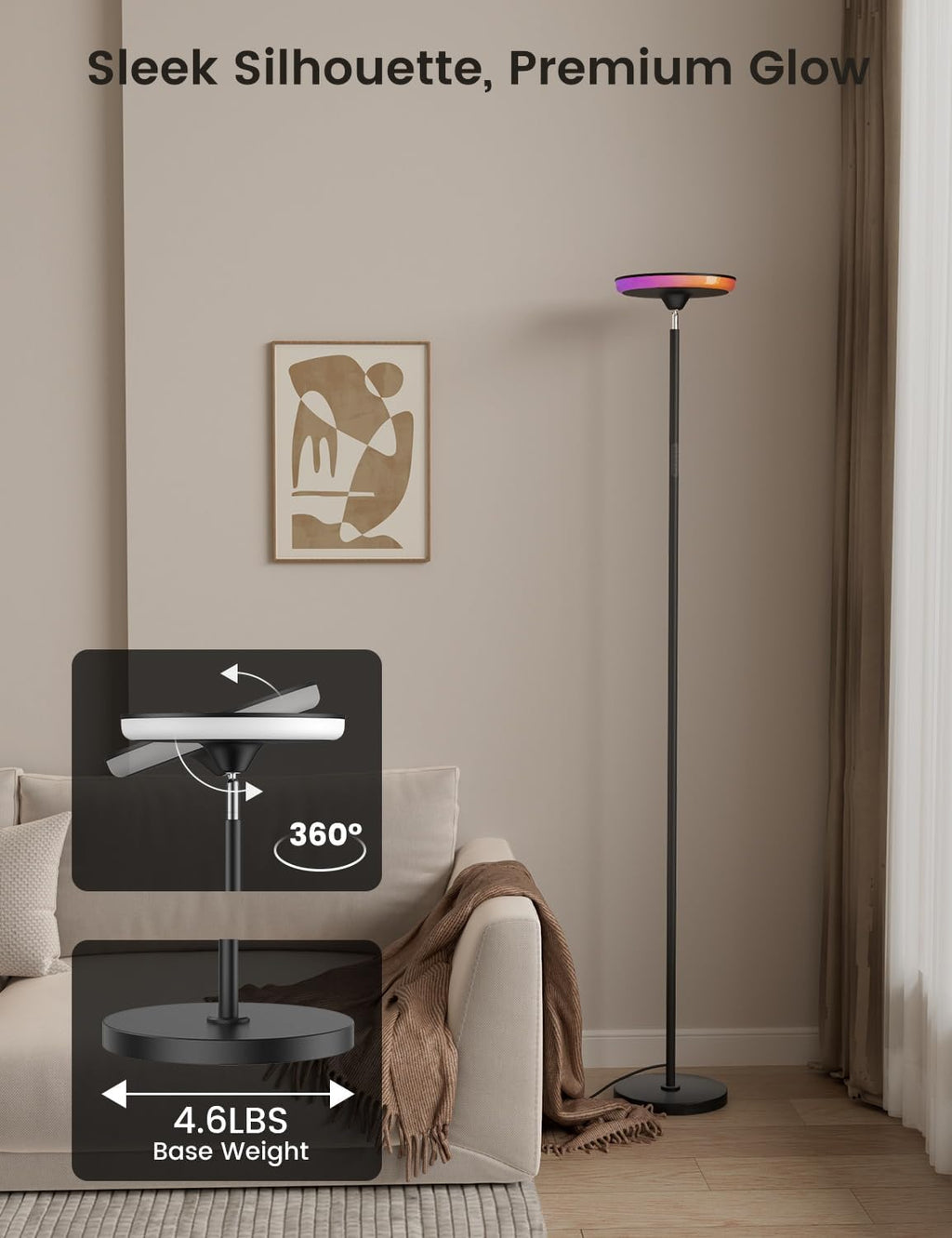 Wowlumenofficial UFO LED Torchiere Floor Lamp with RGB Ambient Light, 42W 3700LM Bright Dimmable Sky Lamp,71in Modern Tall Standing Lamp wi…