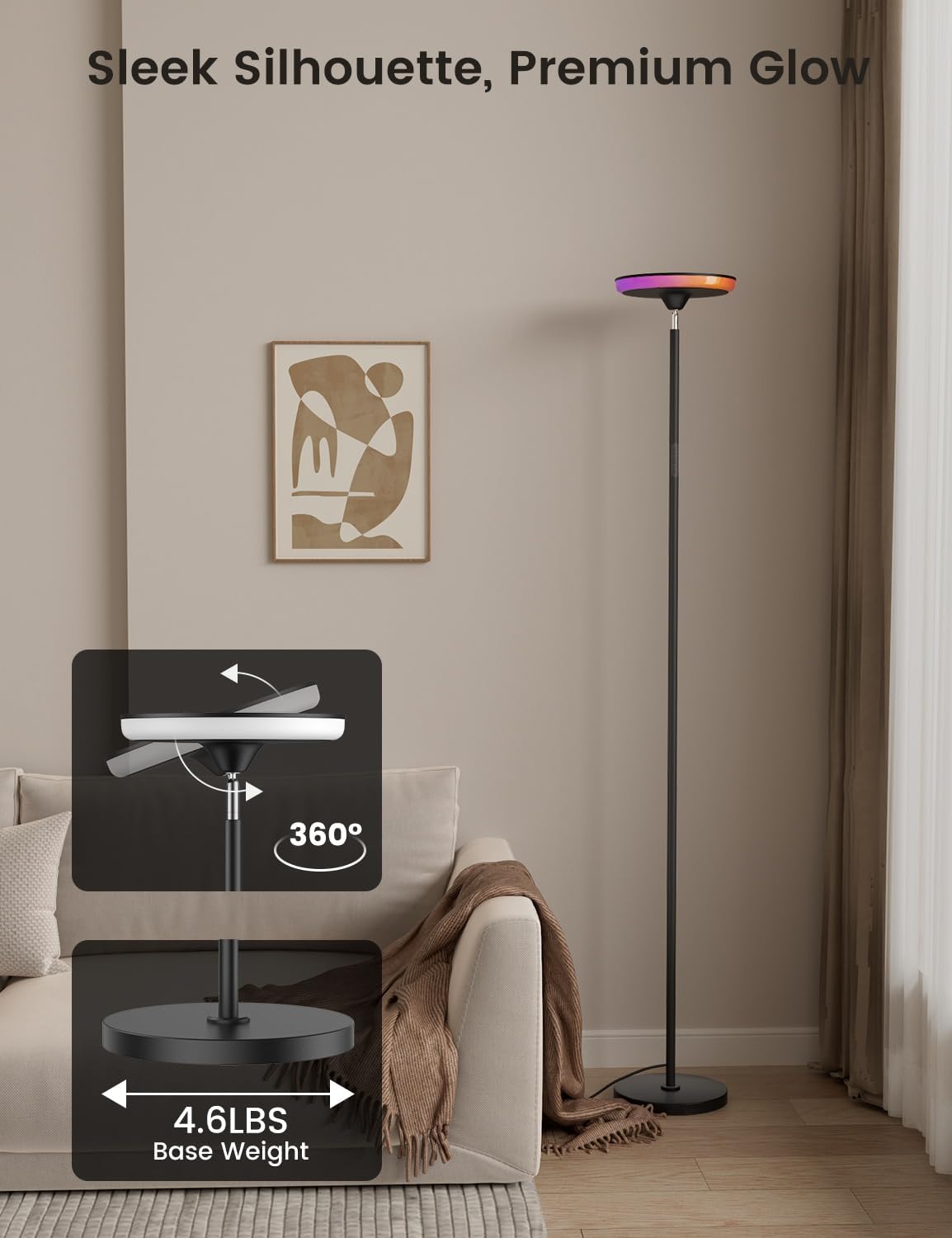 Wowlumenofficial UFO LED Torchiere Floor Lamp with RGB Ambient Light, 42W 3700LM Bright Dimmable Sky Lamp,71in Modern Tall Standing Lamp wi…