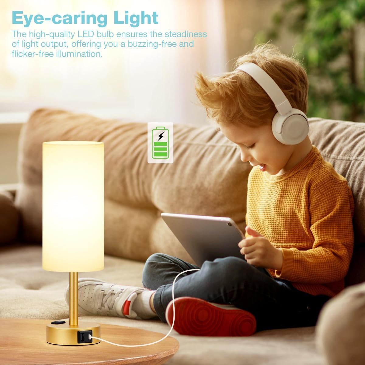 Fenmzee Gold Touch Lamp for Bedroom- 3 Way Dimmable Bedside Lamp USB C A Charging Ports and AC Outlet, Small Table Lamp White Linen…
