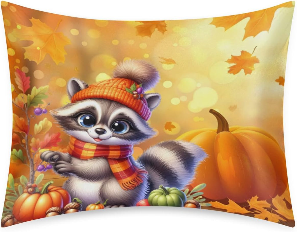 Satin Pillowcase for Hair and Skin Pumpkin Raccoon Fall Soft Silk Pillow Case with Envelope Closure Cooling Pillow Cases Slip Standard…