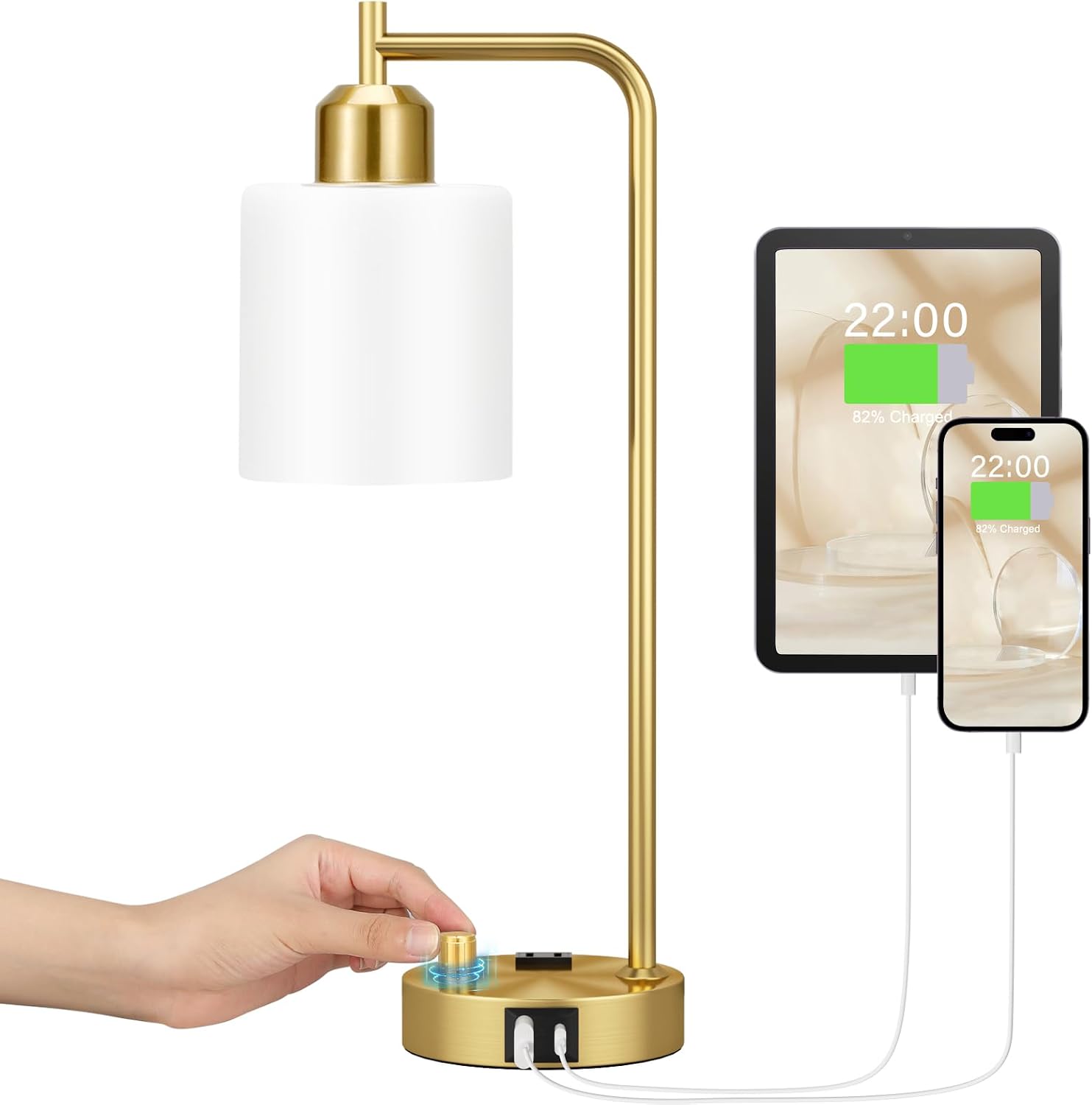 Innqoo Gold Lamp for Bedroom - Industrial Bedside Table Lamp with USB Port and Outlet, Fully Dimmable Nightstand Lamp with Opal Glass…