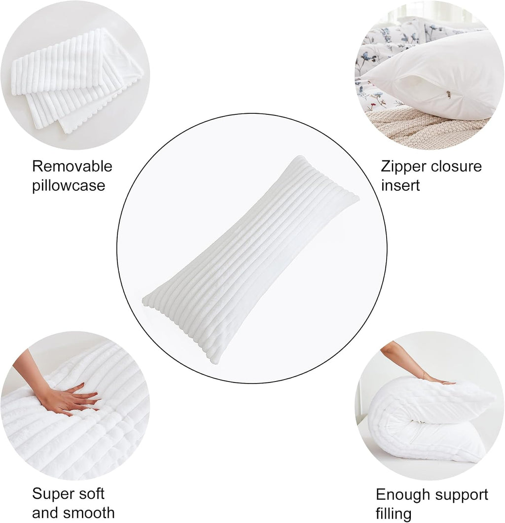 Memfydu Full Body Pillow with Fluffy Stripe Faux Fur Removable Cover, Long Bed Pillow Adult 20x54 Inches for Side Sleeper and Pregnancy, Wh…