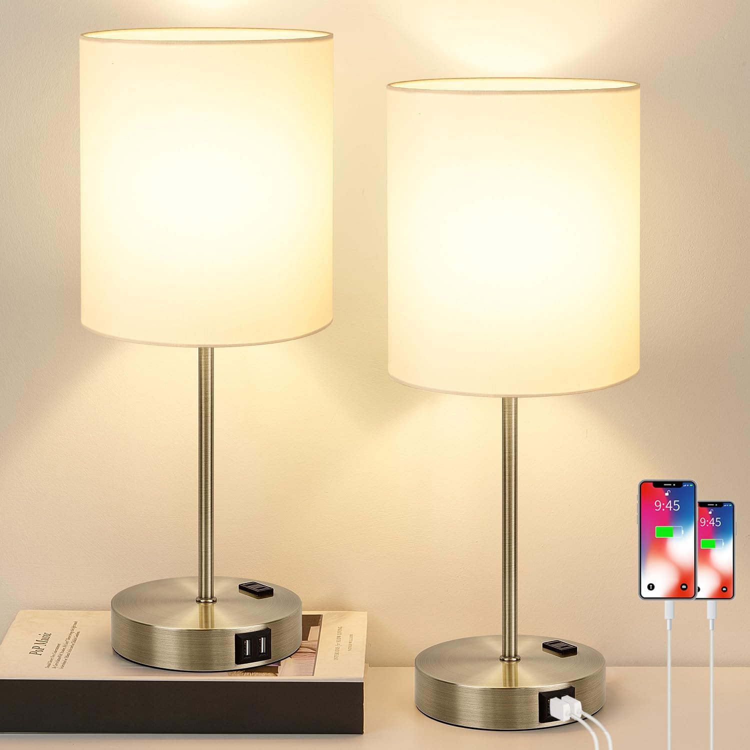 Lynnoland Set of 2 Touch Control Table Lamps with 2 USB & AC Outlet, 3-Way Dimmable Bedside Nightstand Lamps for Bedroom Living Room…